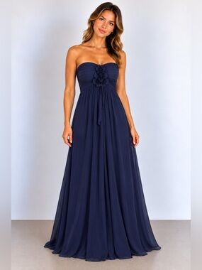 GT-0112 Bill Levkoff Navy Strapless Chiffon Maxi Gown 12 Floral Sweetheart